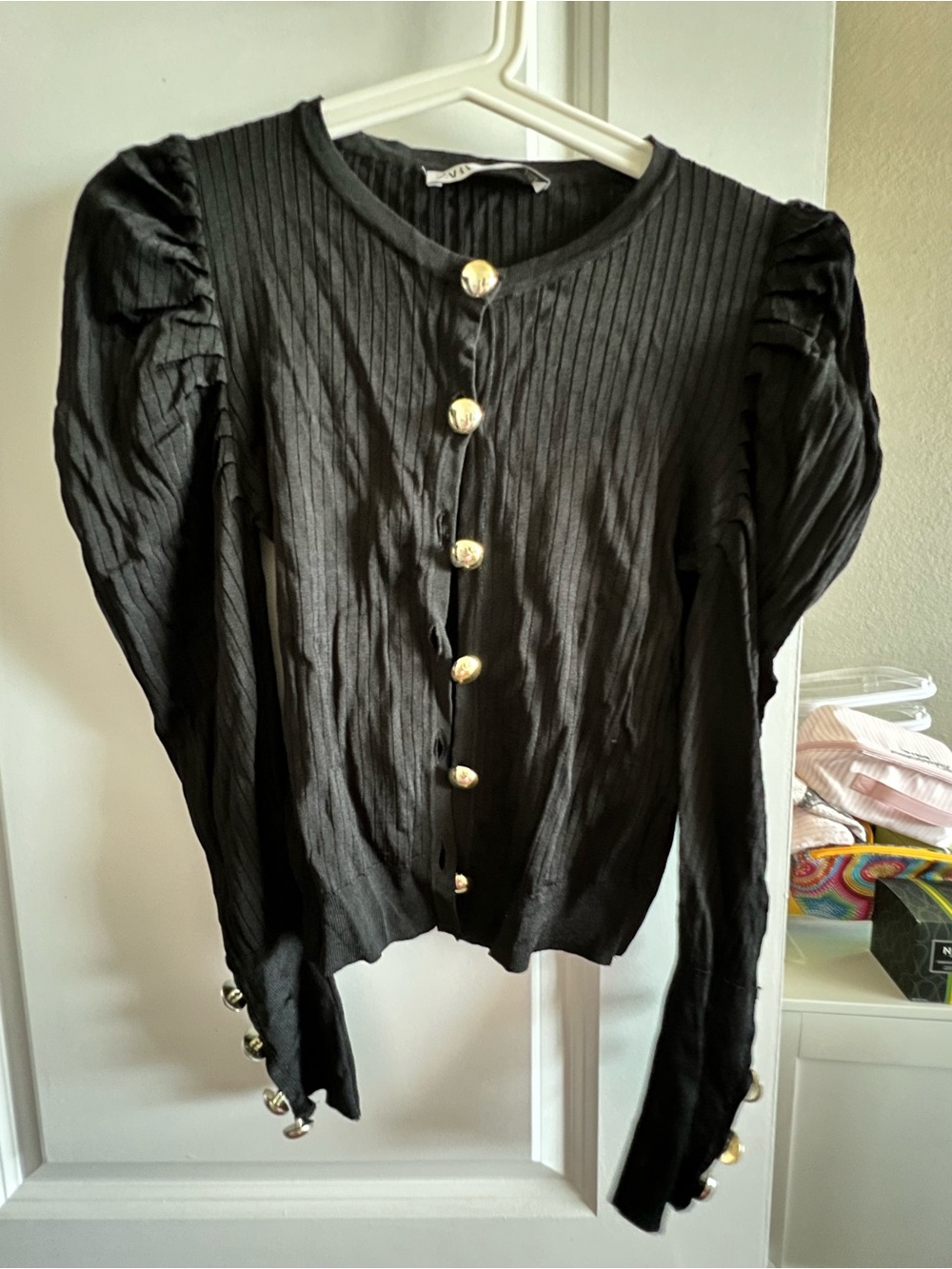 Zara Black Ribbed Puff-Sleeve Cardigan with Gold Buttons